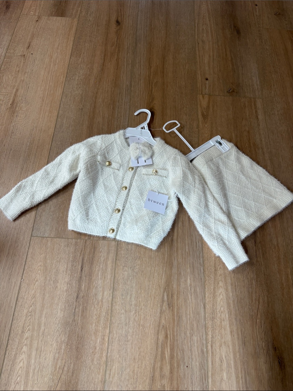 btween Cream Knit Cardigan and Skirt Set